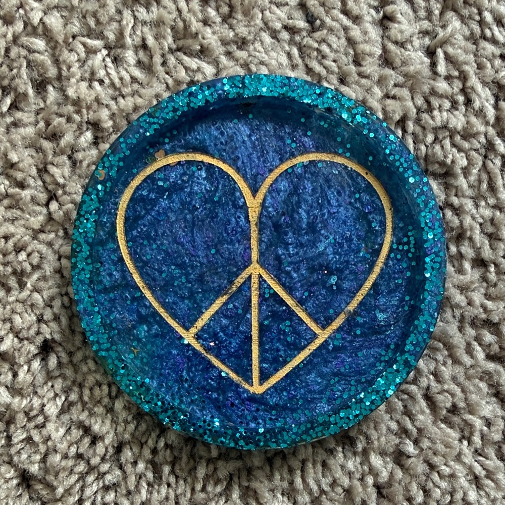 Blue Glitter Coaster Tray with Gold Peace Heart Design